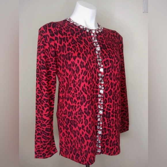 Quacker Factory Red Leopard Print Cardigan XXS Jeweled Trim - Picture 4 of 11